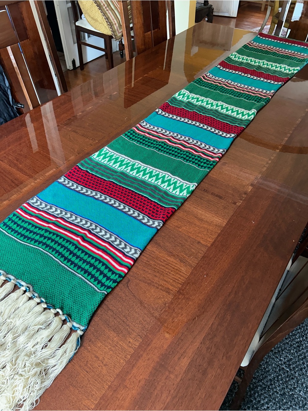 Striped Knit Fringe Scarf in Green, Turquoise & Red 14” x 77” probably wool - Picture 3 of 8